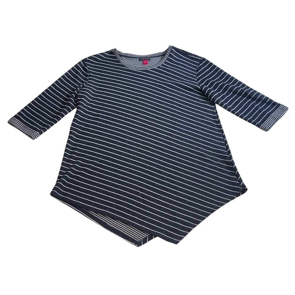 Vince Camuto Womens Navy Blue White Striped 3/4 Sleeve Sharkbite Hem Top‎ Small
